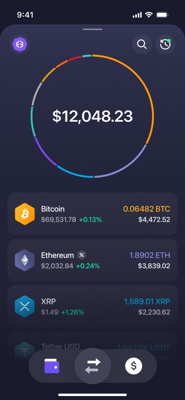 Mobile app screen showing portfolio overview with asset balances and total value